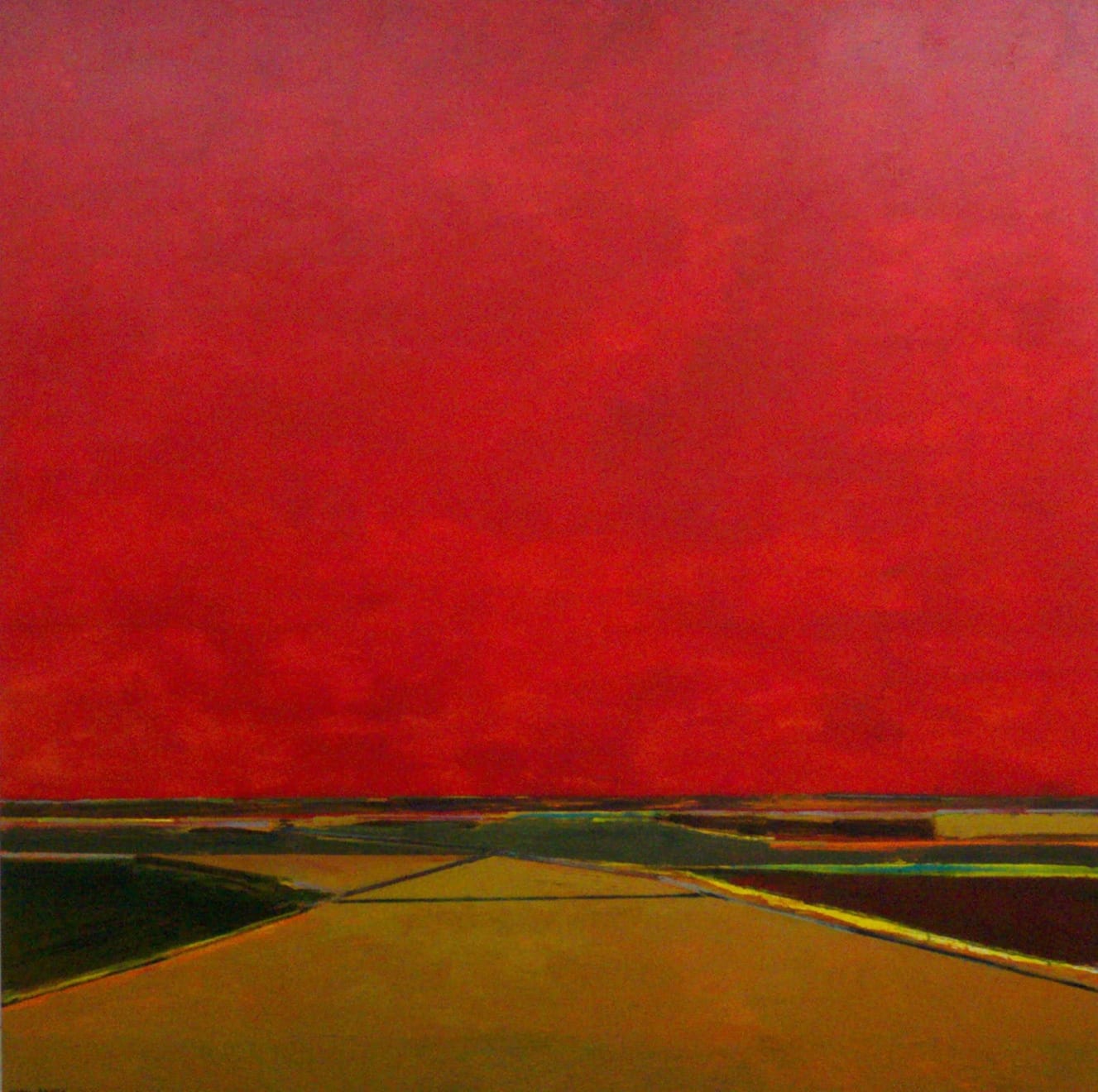 Print of a painting of a brown road going towards a red sky by slate gray gallery artist Mark Bowles
