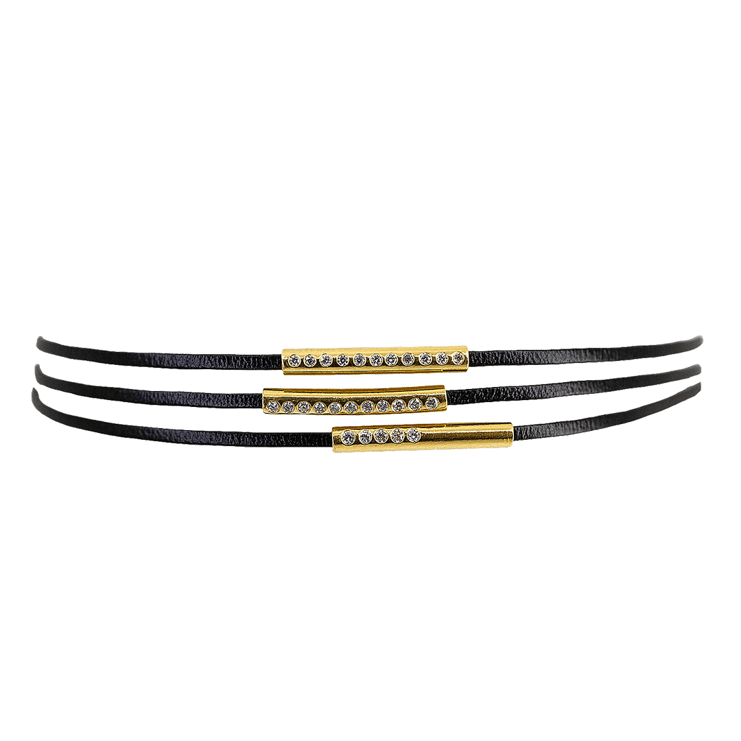 3 Cylinder Leather Wrap Bracelet with Diamonds by Fringe Gallery studio jeweler Nanci Modica