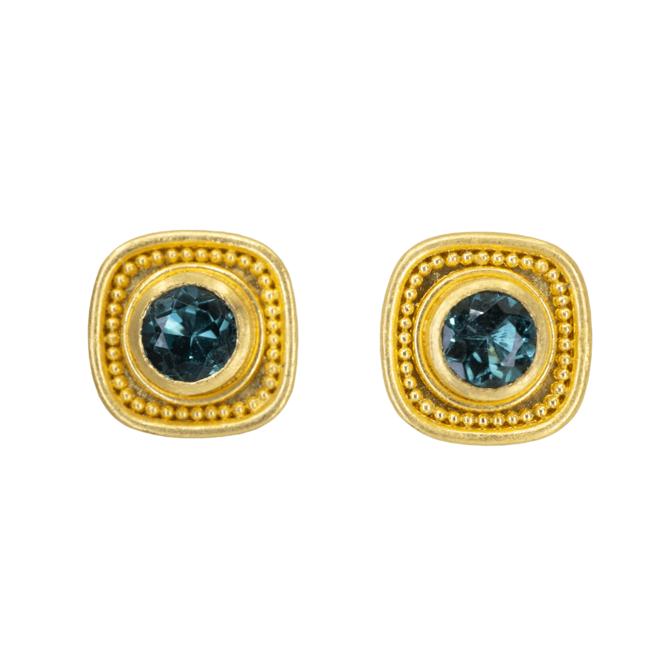 22k yellow gold earrings with granulations and blue green indicolite tourmalineby Fringe Gallery studio jeweler Nanci Modica