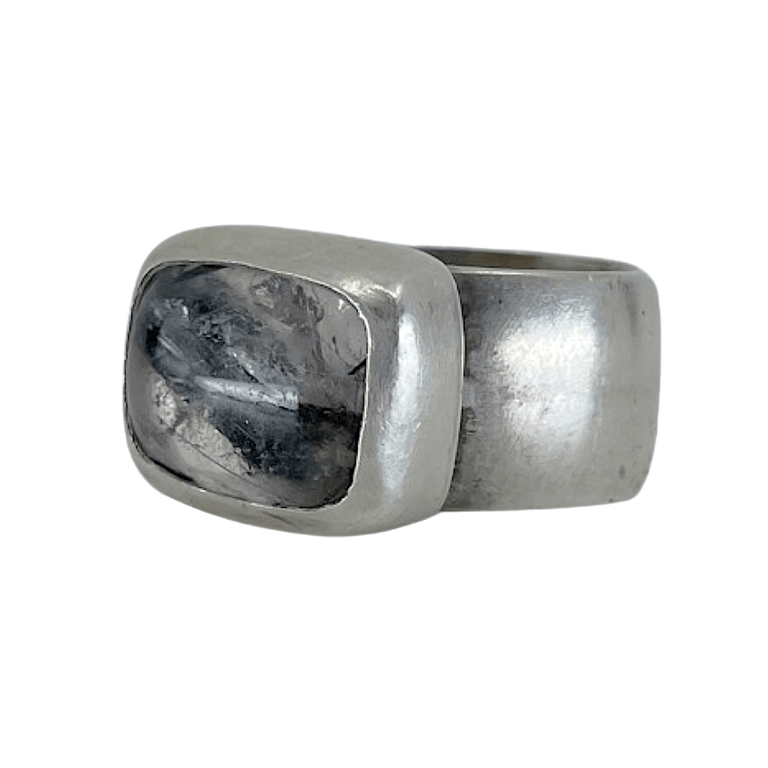 Wide Band SS Shank w/ Tourmalinated Quartz Stone Set in Fine Silver Bezel by Fringe Gallery studio jeweler Marki Knopp