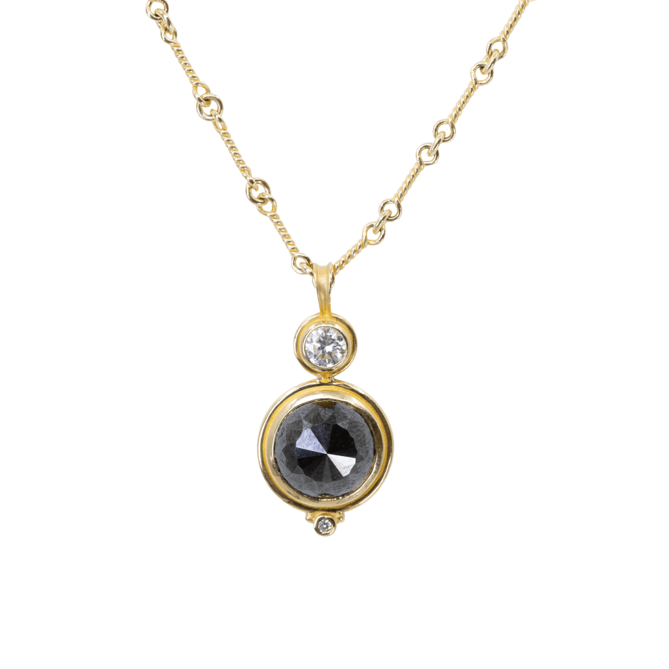 18k yellow gold necklace with large rose cut black diamond and white diamond by Fringe Gallery studio jeweler Barbara Heinrich