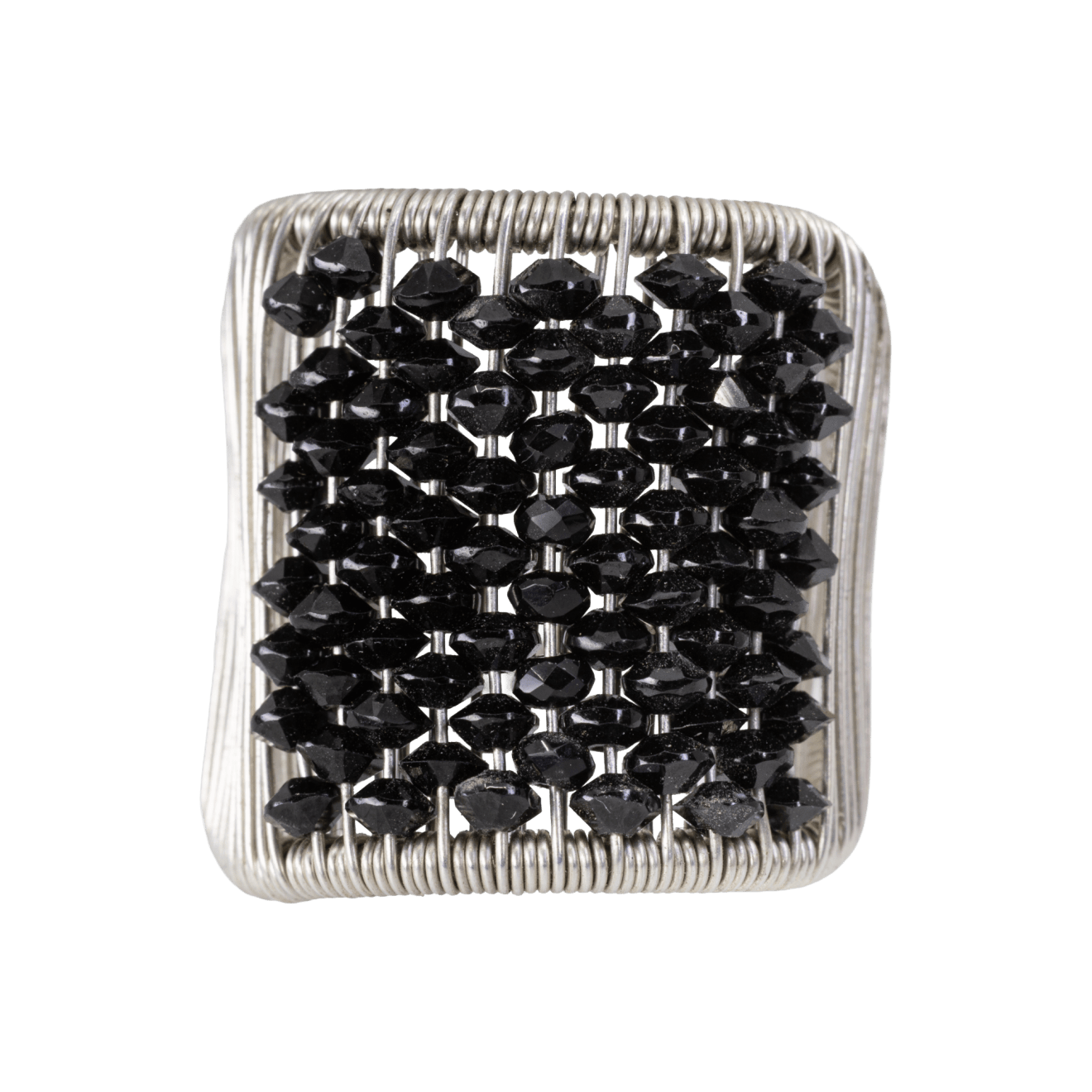 Sterling silver ring with faceted black spinel beads by Fringe Gallery studio jeweler Tana Acton