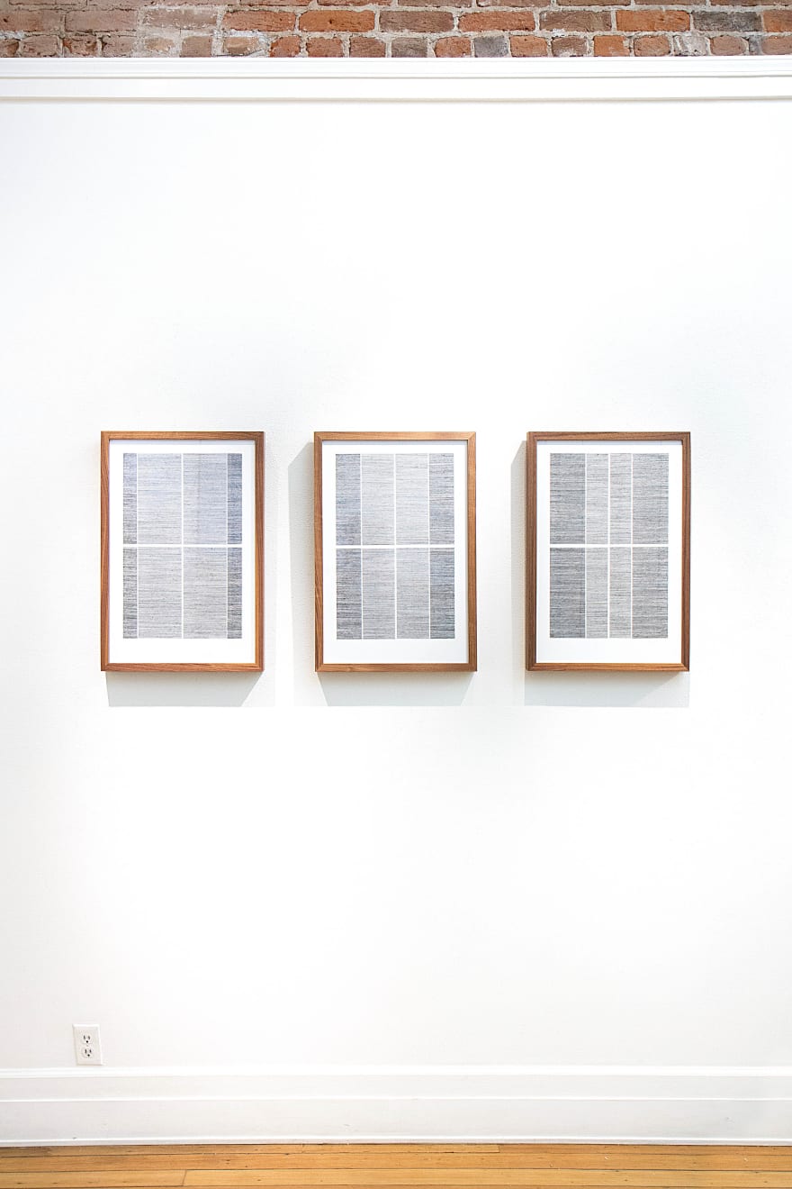 Triptych of framed blue thread on paper works by Fringe Gallery artist Rebecca Messier