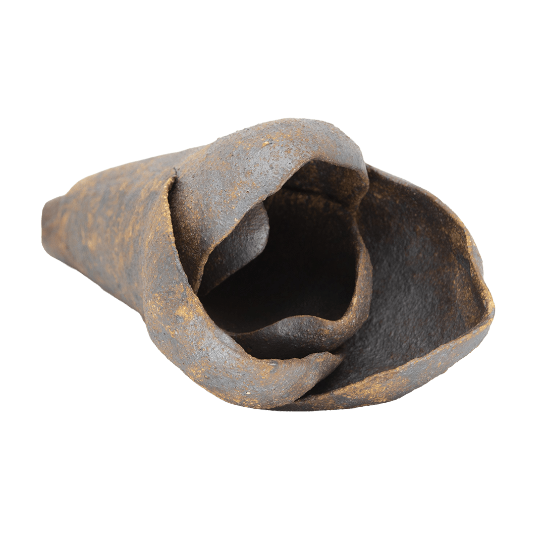 Ceramic gray flower bud with rust colored marks throughout by Fringe Gallery artist Dana Flores