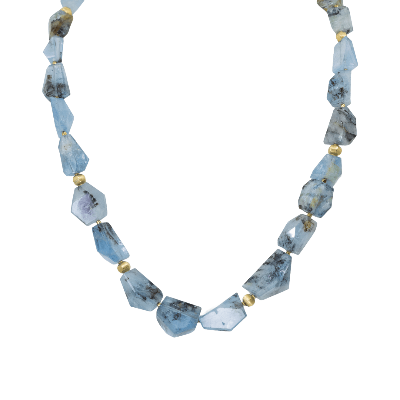 Dendrite aquamarine chunky bead necklace with 18k yellow gold by Fringe Gallery studio jeweler Barbara Heinrich