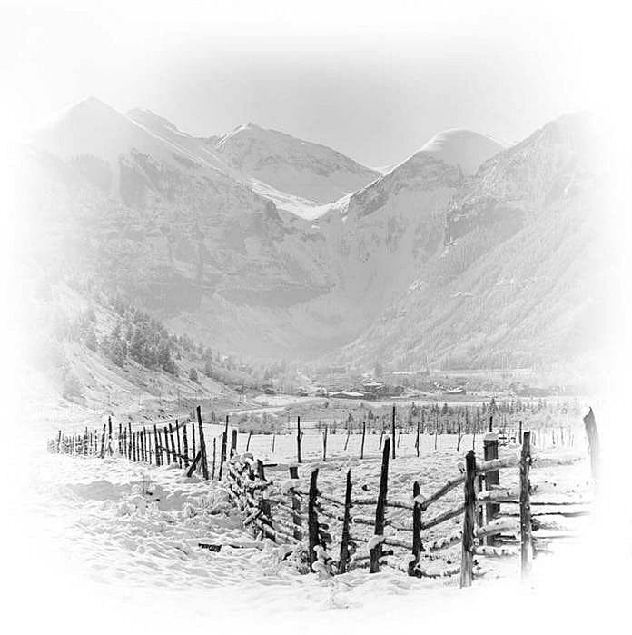 Black and white photo of Ajax peak from far away taken by Slate gray gallery photographer Bill Ellzey