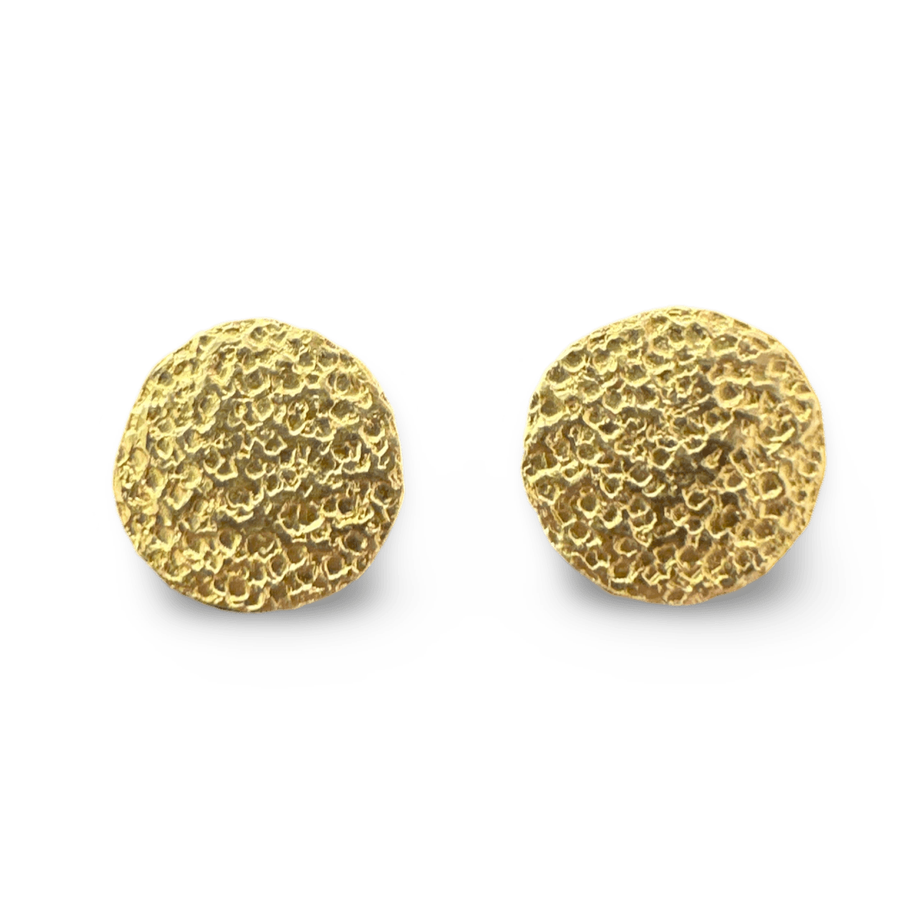 22k yellow gold round disc textured studs by Fringe Gallery studio jeweler Petra Class
