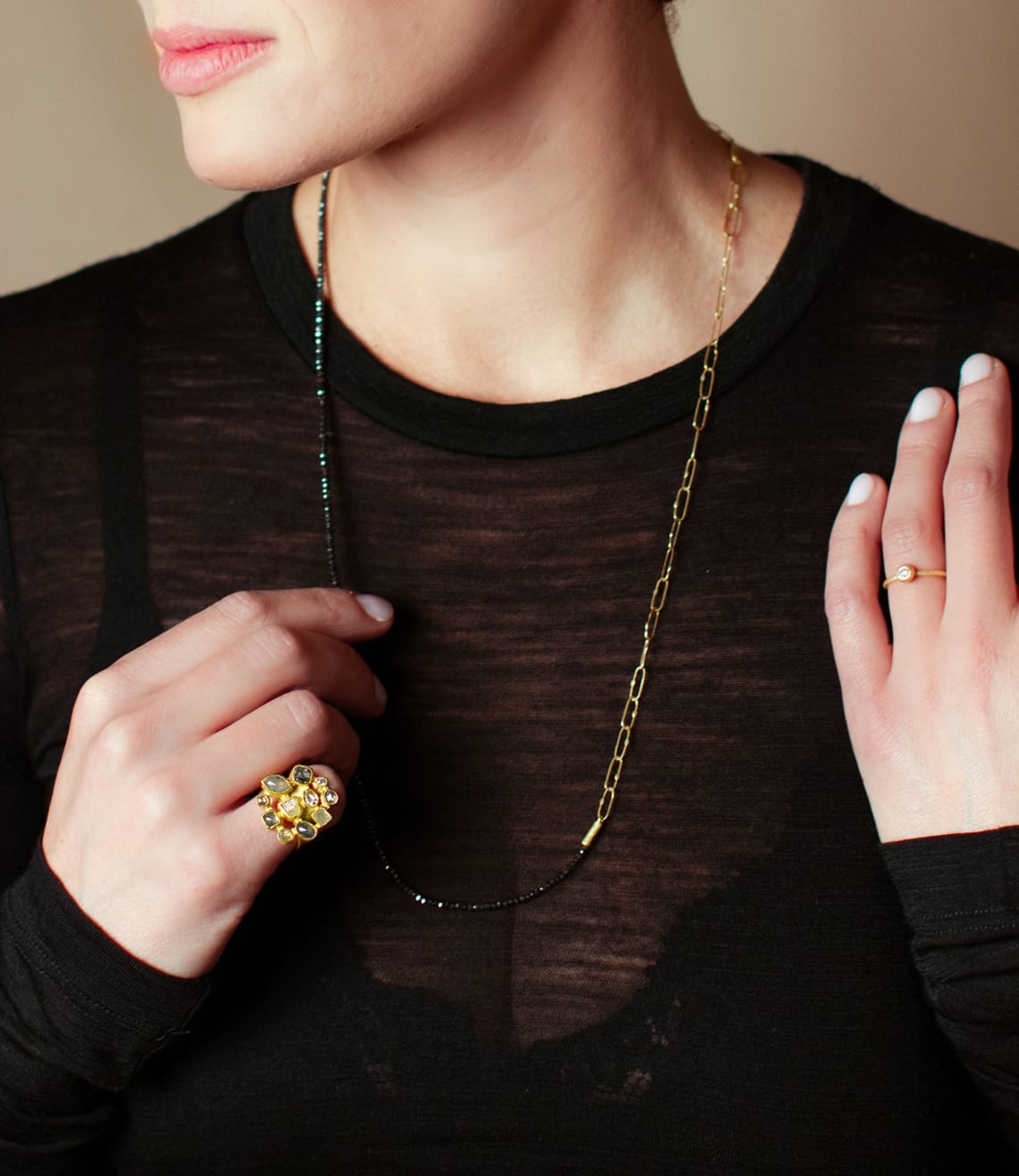 22k and 18k yellow gold ring with bubble set white diamond by Fringe Gallery studio jeweler Petra Class