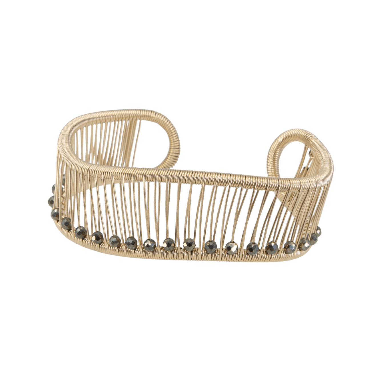 Gold cuff with pyrite beads by Fringe Gallery studio jeweler Tana Acton