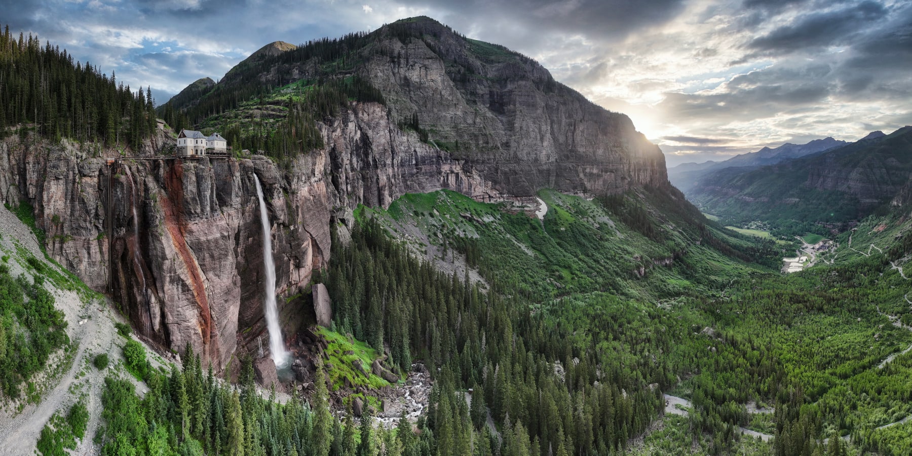 color panoramic photograph of Bridal Veil Falls in Telluride, Colorado