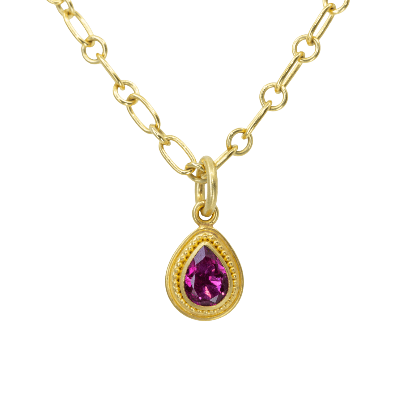 22k yellow gold necklace pendant with granulations with pink pear shaped tourmaline by Fringe Gallery studio jeweler Nanci Modica