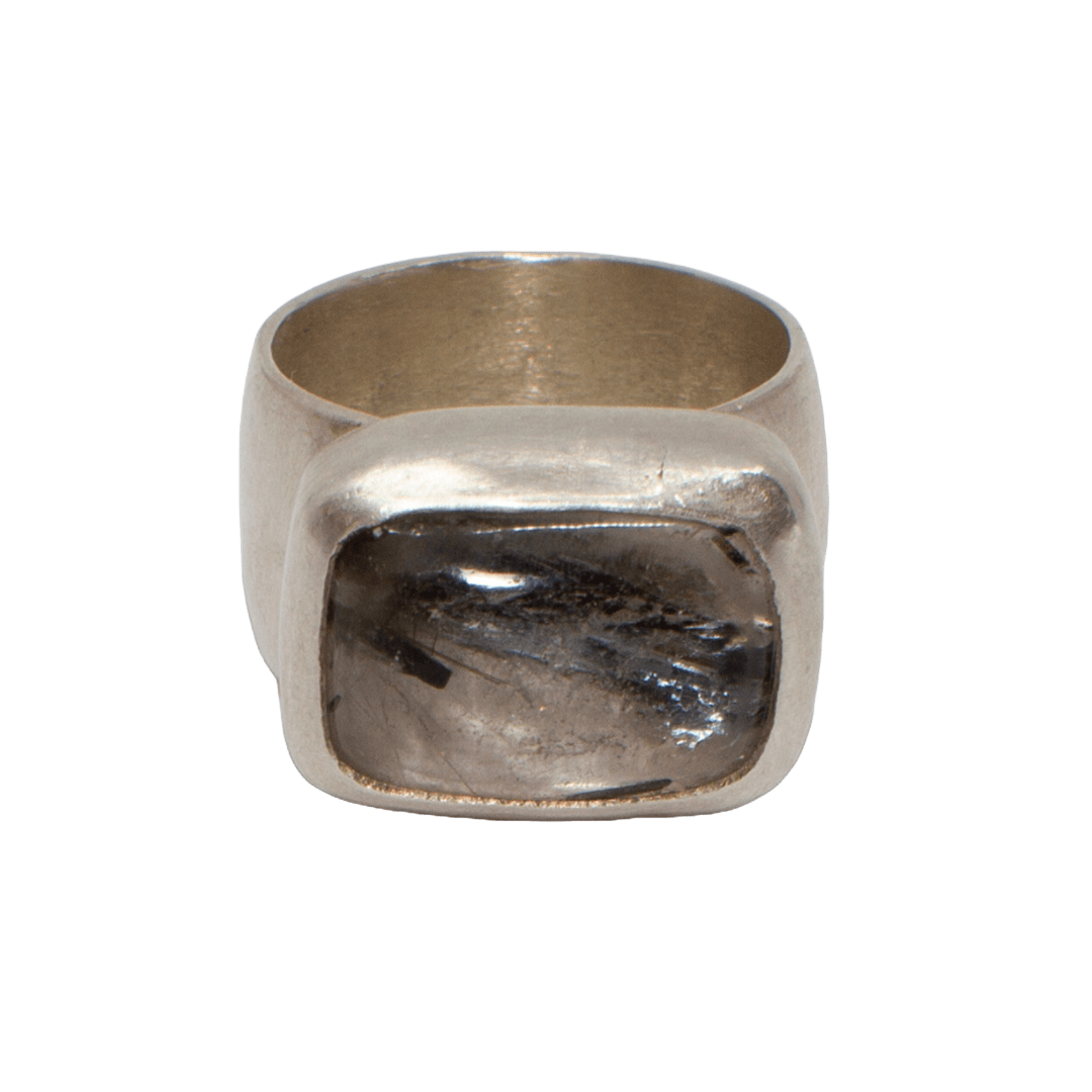 Wide Band SS Shank w/ Tourmalinated Quartz Stone Set in Fine Silver Bezel by Fringe Gallery studio jeweler Marki Knopp
