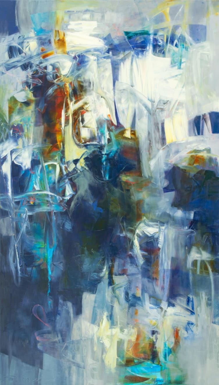 Abstract oil painting with blues, whites, oranges, and grays by slate gray gallery artist Karen Scharer