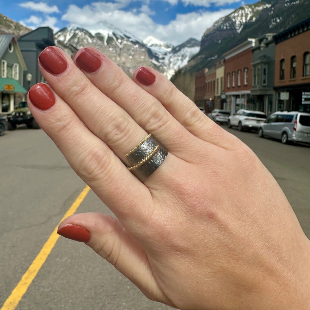 Silver Ring with Gold Trim and Yellow Diamonds by Fringe Gallery studio jeweler Elizabeth Garvin