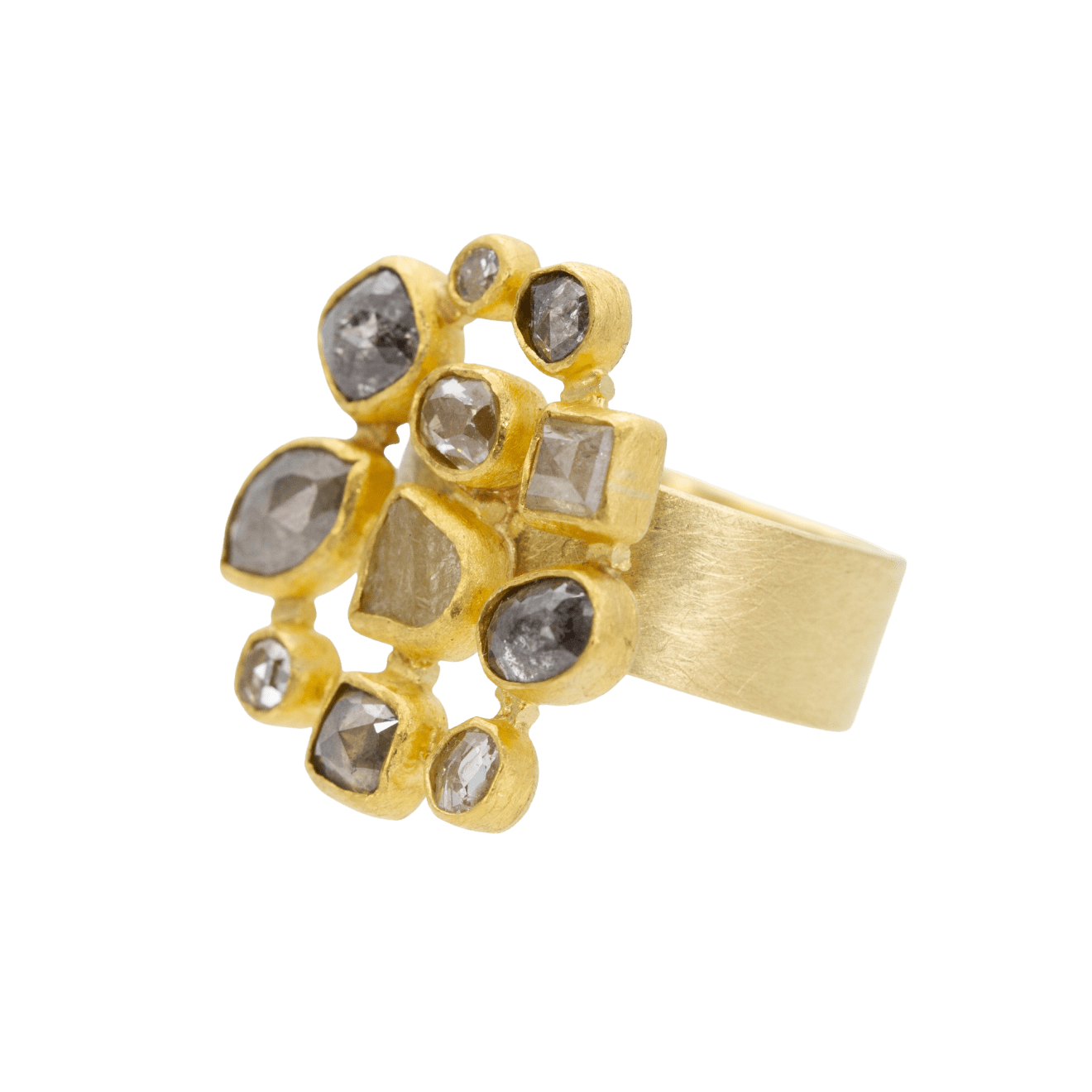 22k and 18k yellow gold ring with bezel set faceted and rough diamonds by Fringe Gallery studio jeweler Petra Class
