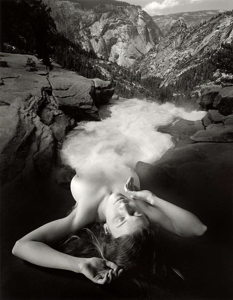 Silver Gelatin print of a nude woman merged with a waterfall at the Yosemite
