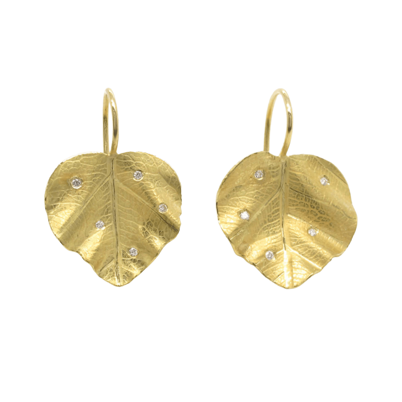 18k yellow gold leaf earrings with diamonds by Fringe Gallery studio jeweler Barbara Heinrich