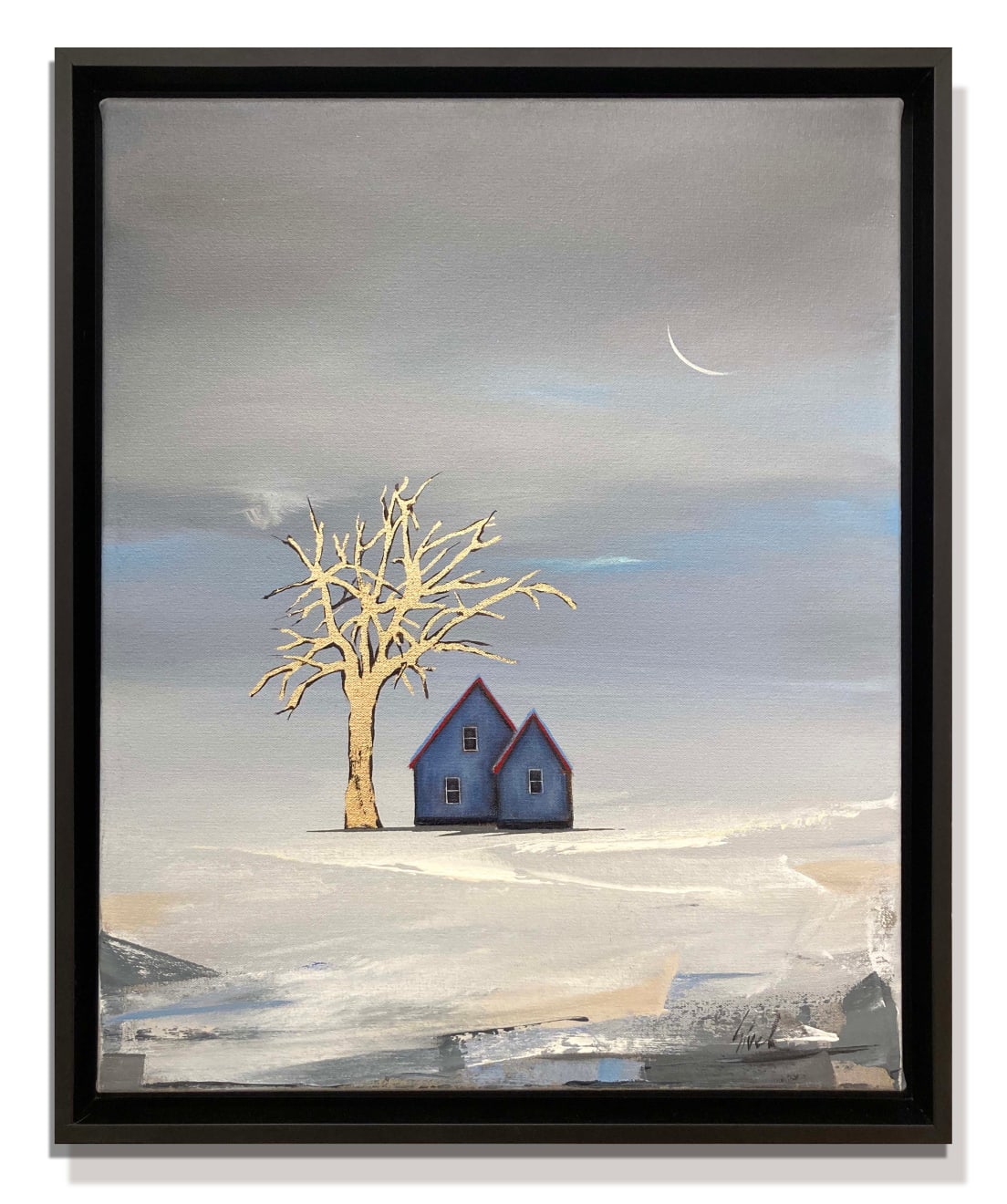 An oil painting of a house on an abstract landscape by slate gray gallery artist Marketa Sivek