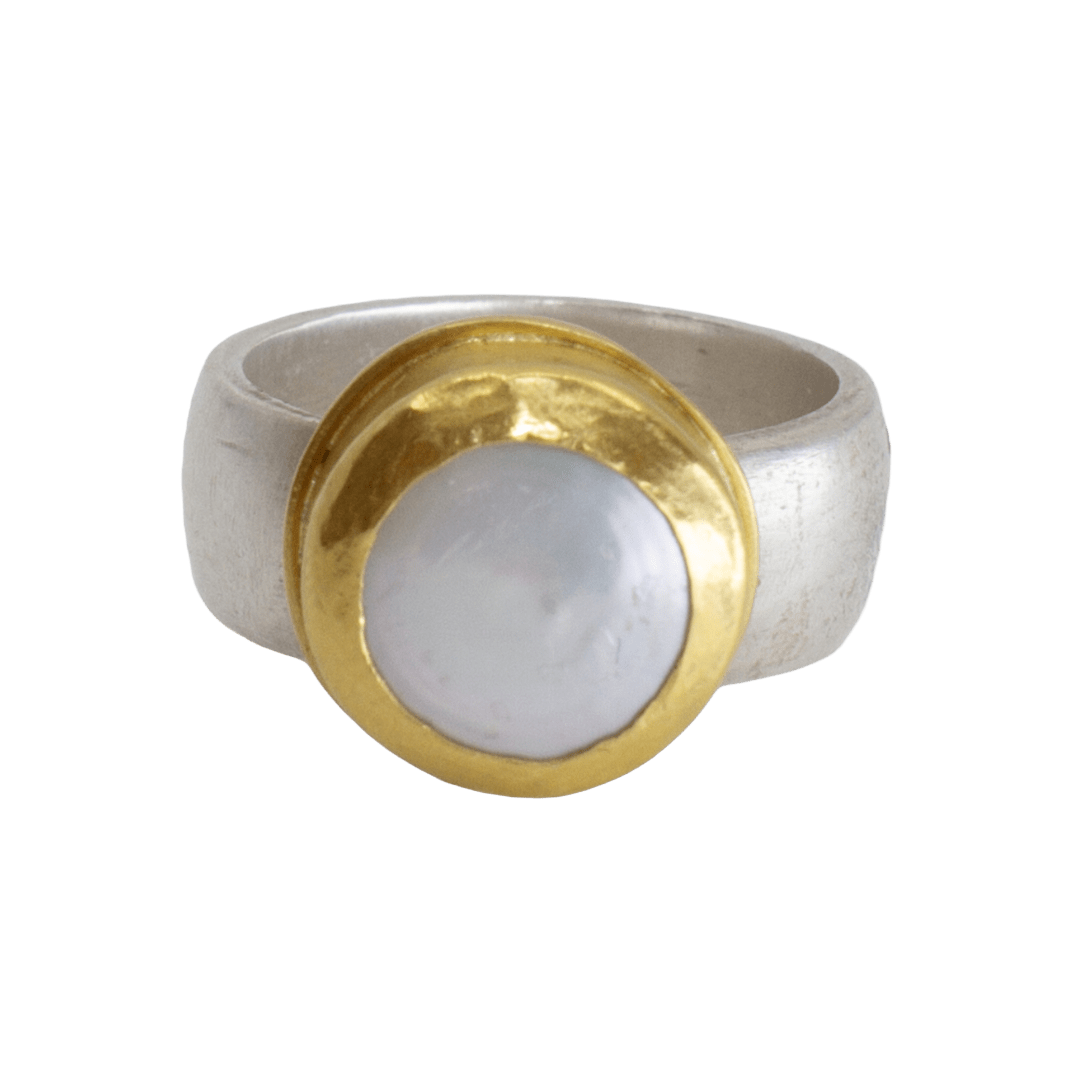 Round Coin Pearl Ring by Fringe Gallery studio jeweler Marki Knopp