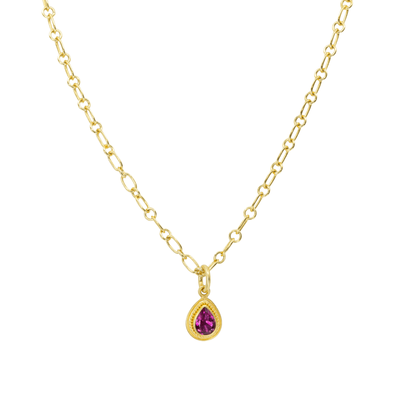 22k yellow gold necklace pendant with granulations with pink pear shaped tourmaline by Fringe Gallery studio jeweler Nanci Modica