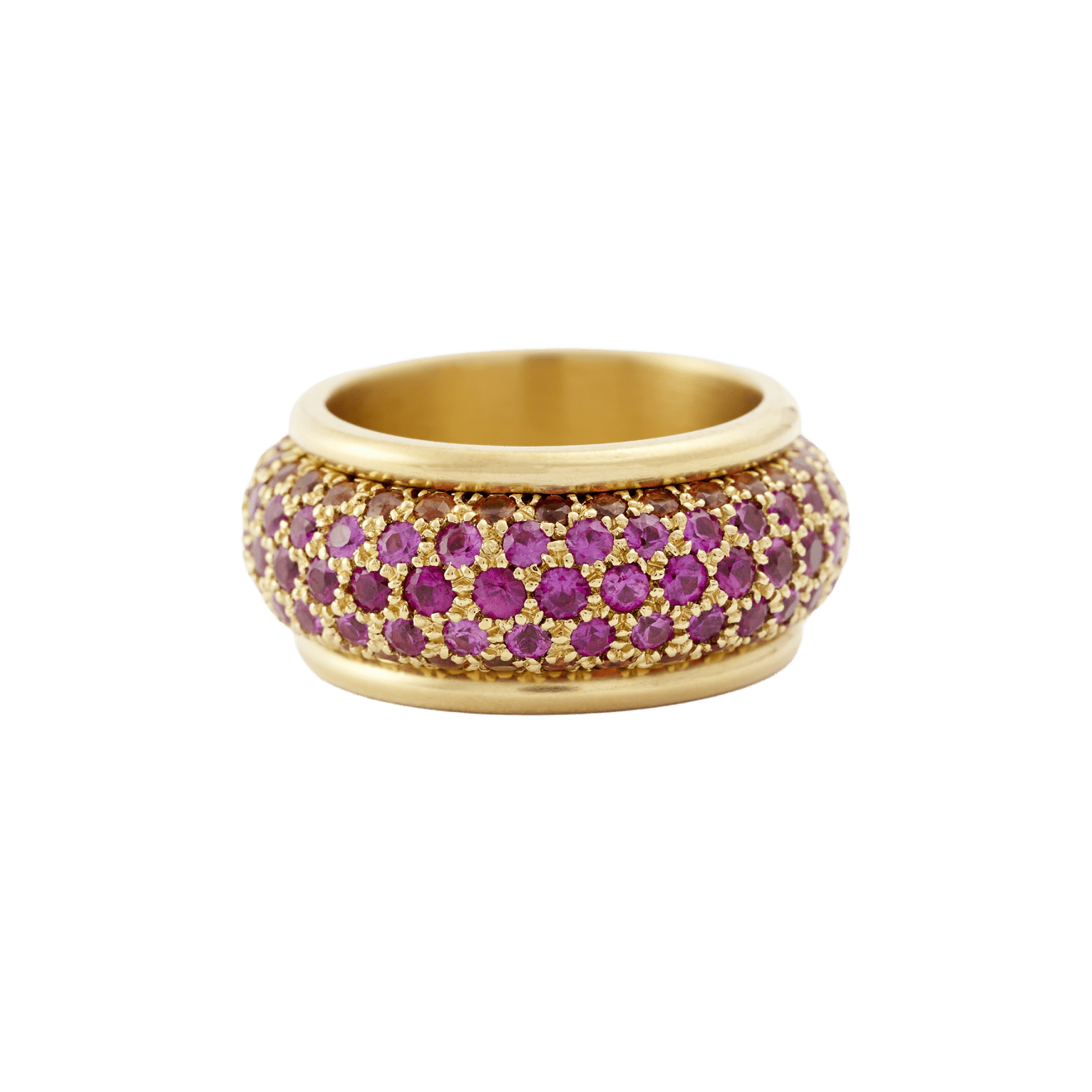 Orange, pink and deep pink sapphire big bubble band ring by Fringe Gallery studio jeweler Nanci Modica