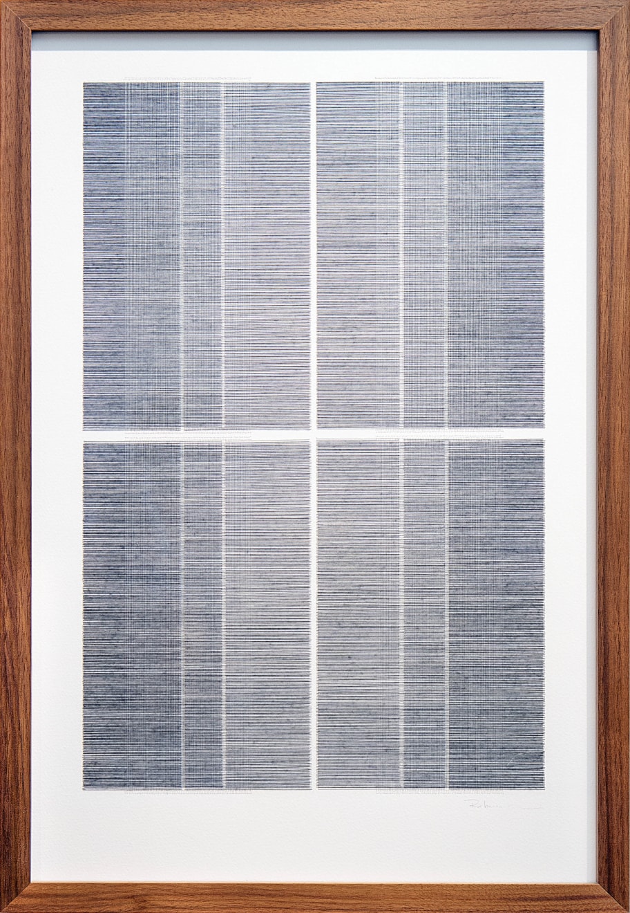 Framed blue thread on paper work by Fringe Gallery artist Rebecca Messier