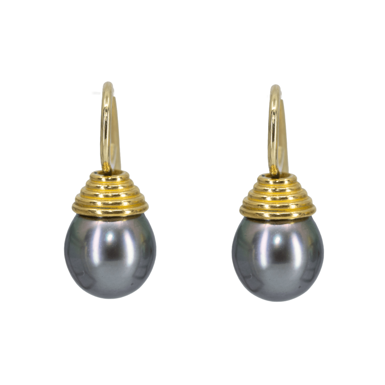 Gray Tahitian Pearl Earrings with 22k Gold Caps by Fringe Gallery studio jeweler Nanci Modica