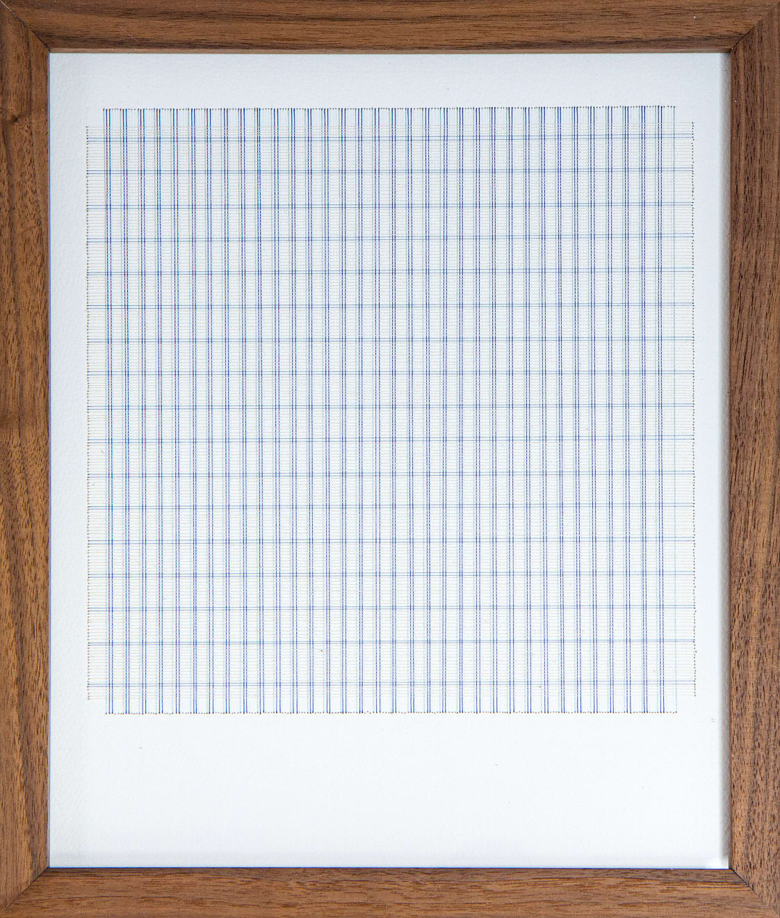 Framed blue thread on paper work by Fringe Gallery artist Rebecca Messier
