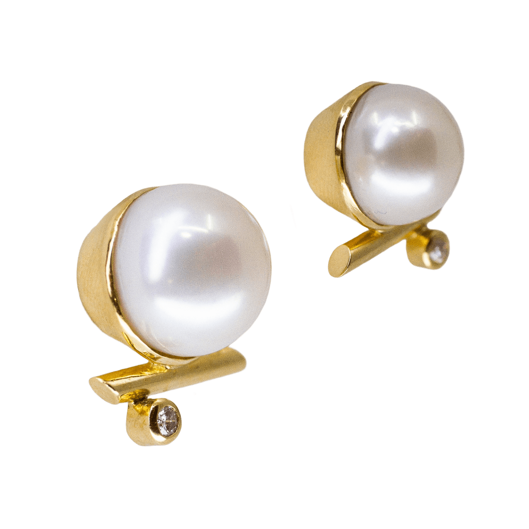 18k yellow gold earrings with pearls and diamonds by Fringe Gallery studio jeweler Sandra Frias