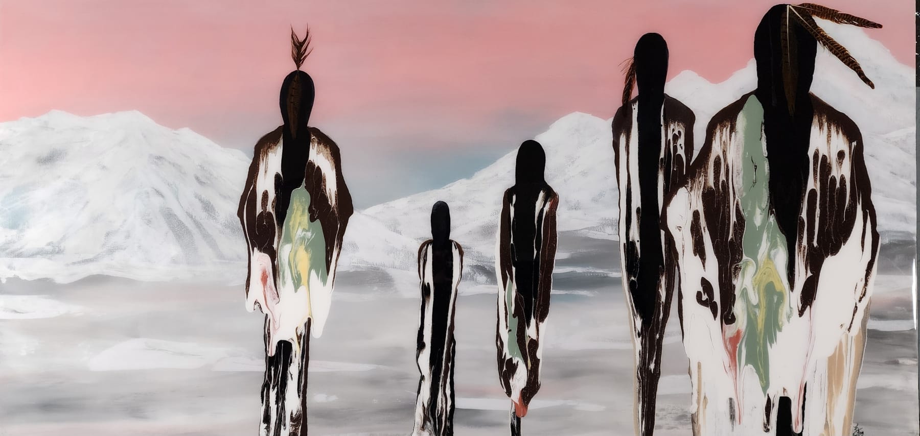 Acrylic painting with 5 figures of ambiguous native origin against a sunset sky and mountain range by artist Fran J Nagy