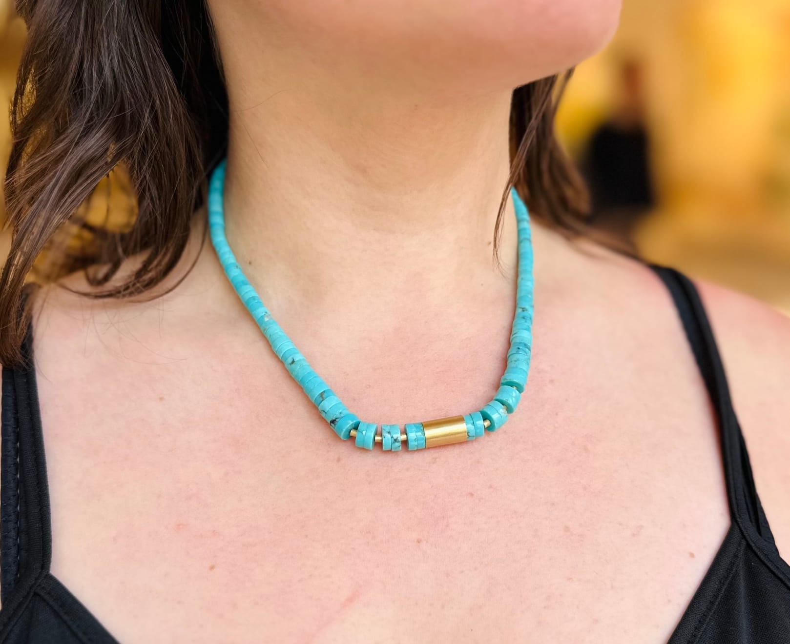 Necklace with turquoise and gold by Slate Gray Gallery studio jeweler Sandra Frias