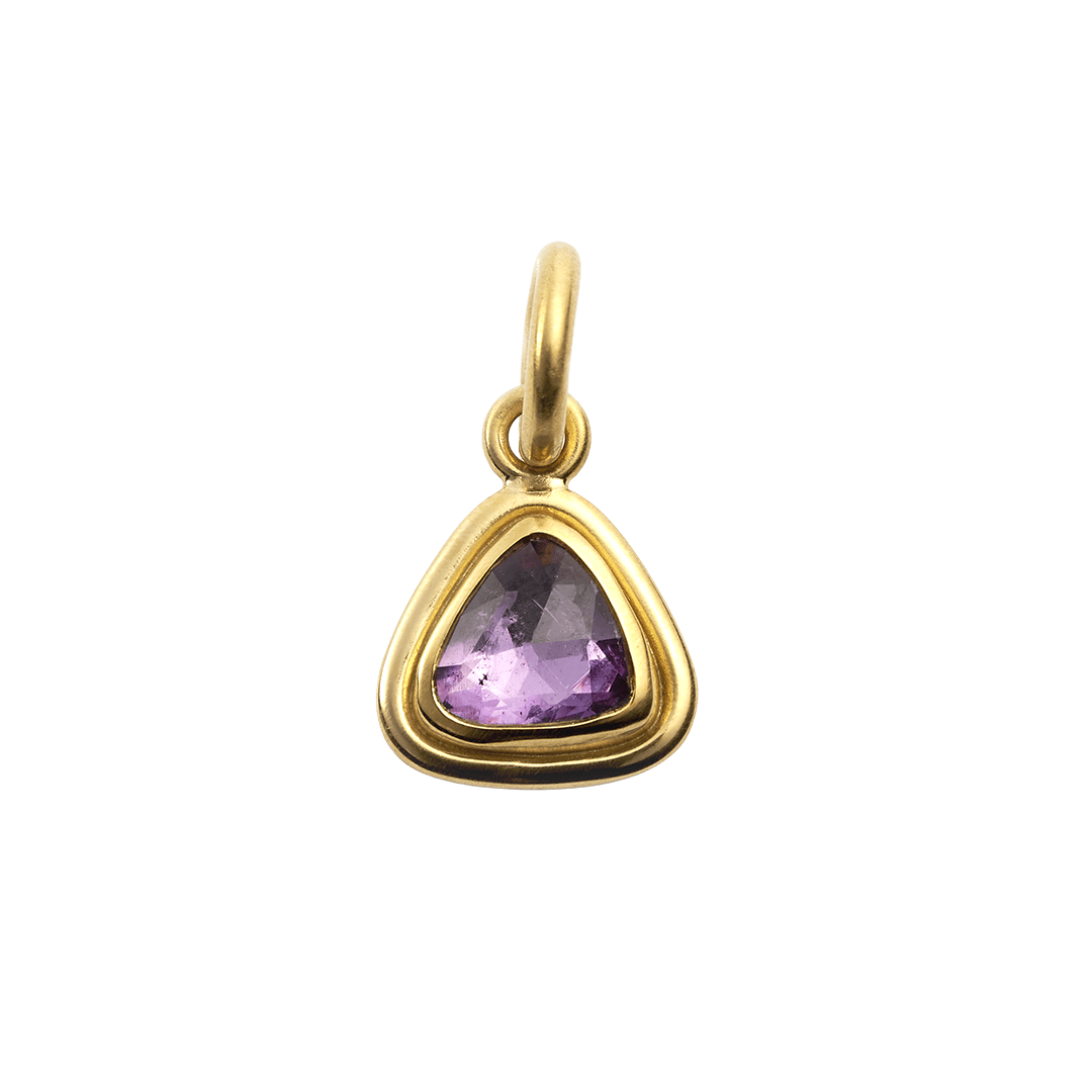 Yellow gold and purple sapphire triangle pendant by Fringe Gallery studio jeweler Nanci Modica