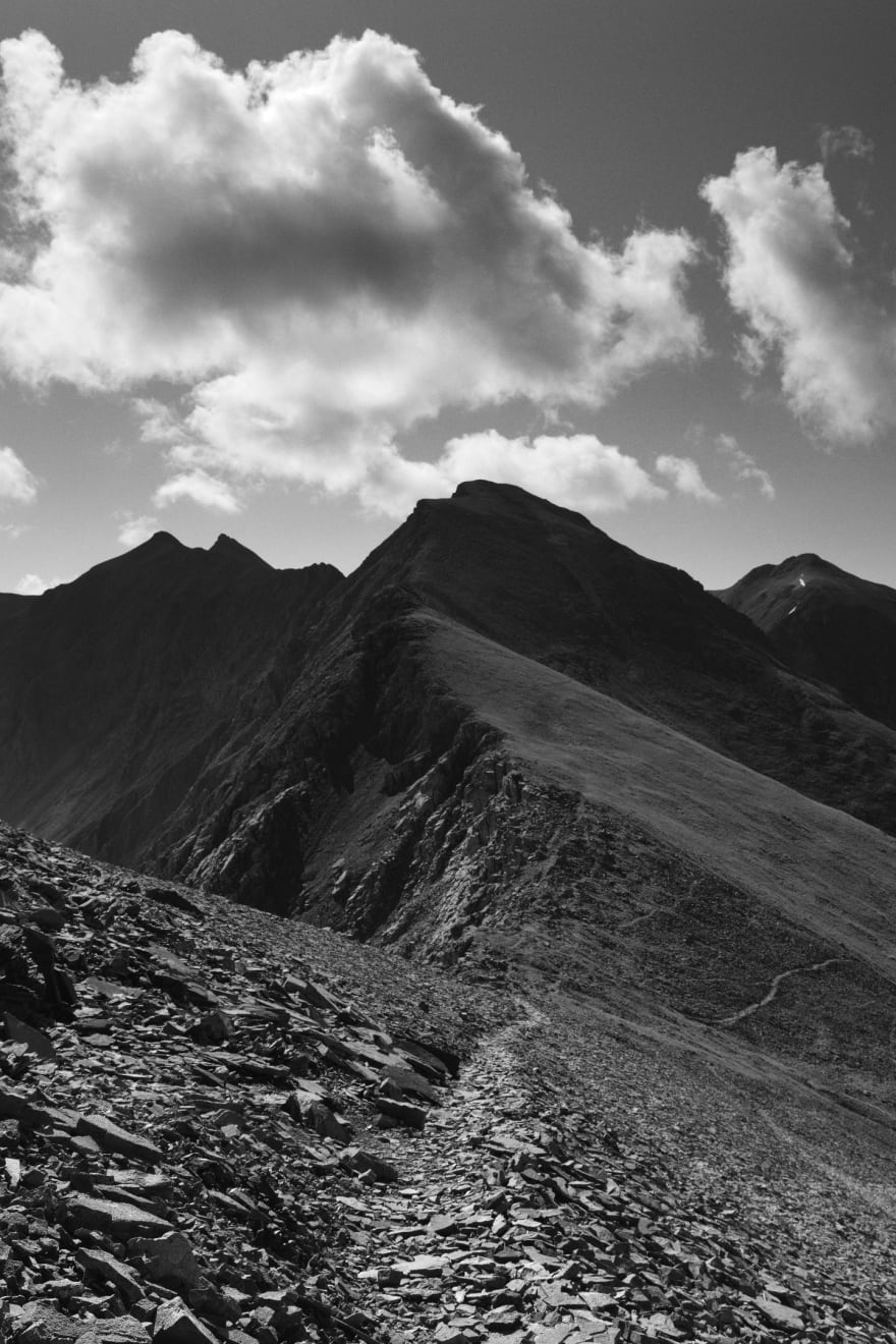 Black and white photo the Ajax Trail in the summer by Slate Gray Gallery photographer Brett Schrekengost