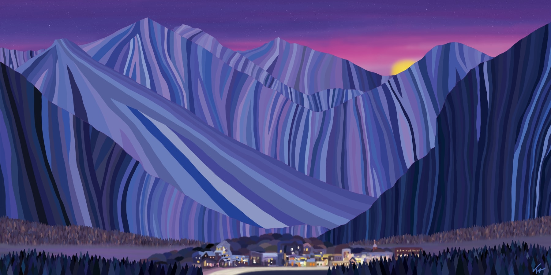 digital painting of the town of telluride underneath purple mountains