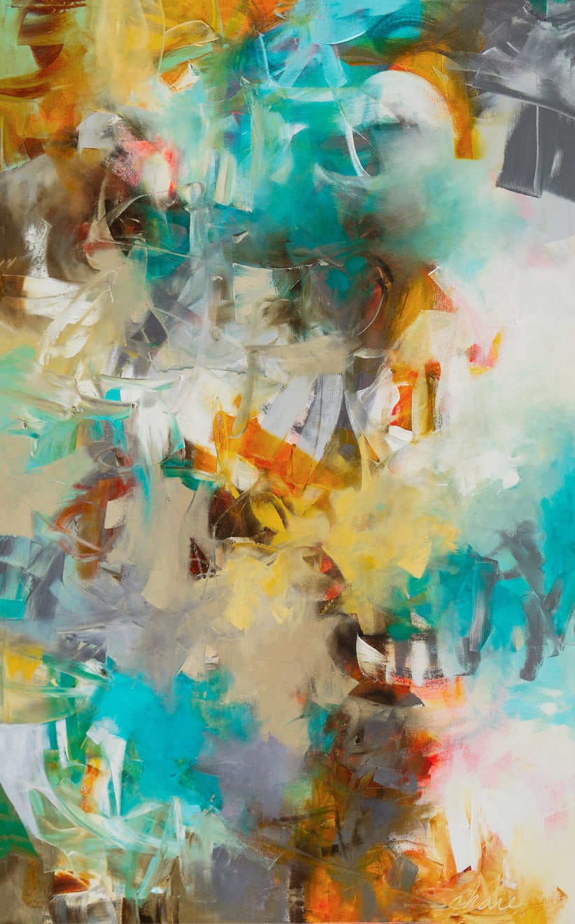 Warm and cool abstract oil painting on canvas by Slate Gray Gallery Artist Karen Scharer