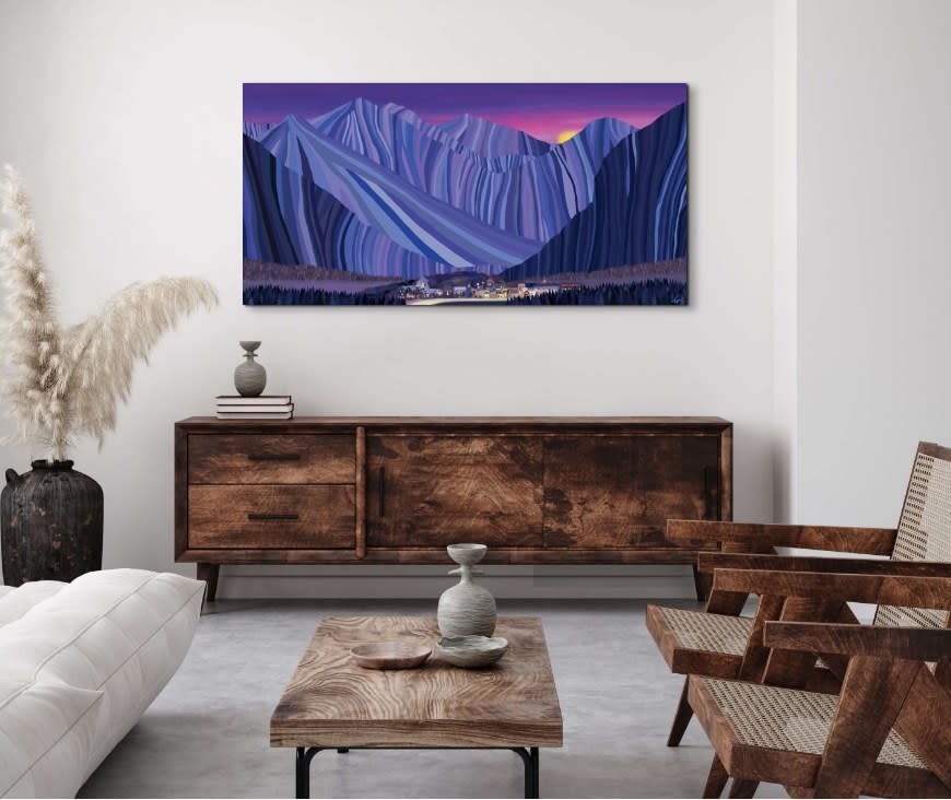 digital mock-up of a digital painting of the town of telluride underneath purple mountains