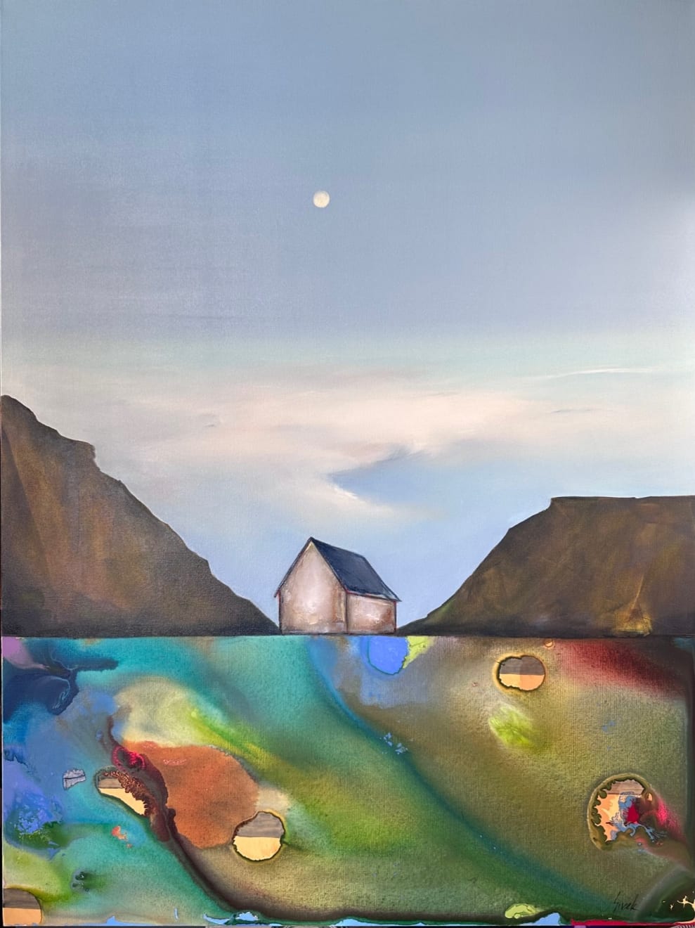 An oil painting of a house on an abstract landscape by slate gray gallery artist Marketa Sivek