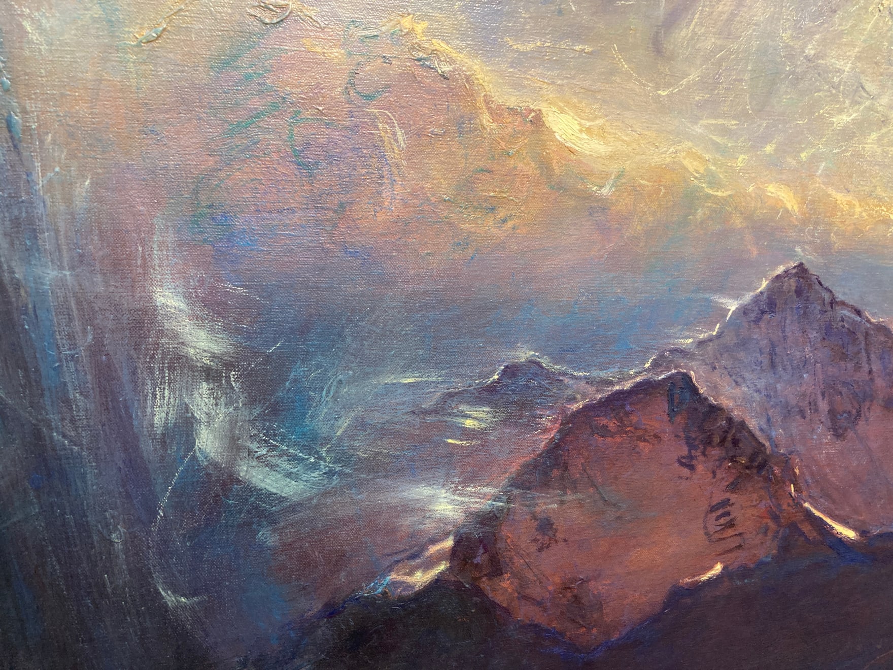 Oil painting by slate gray gallery artist Gordon brown of mountians with an abstract background