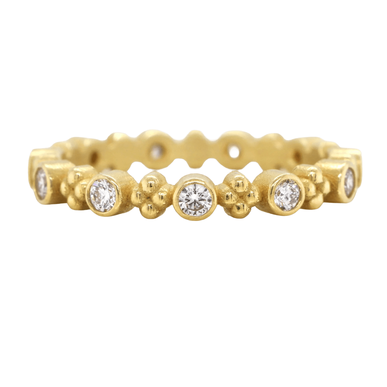 18k yellow gold ring with 11 diamonds, 0.44 ctw, and clustered beads in between each by Fringe Gallery studio jeweler Barbara Heinrich.