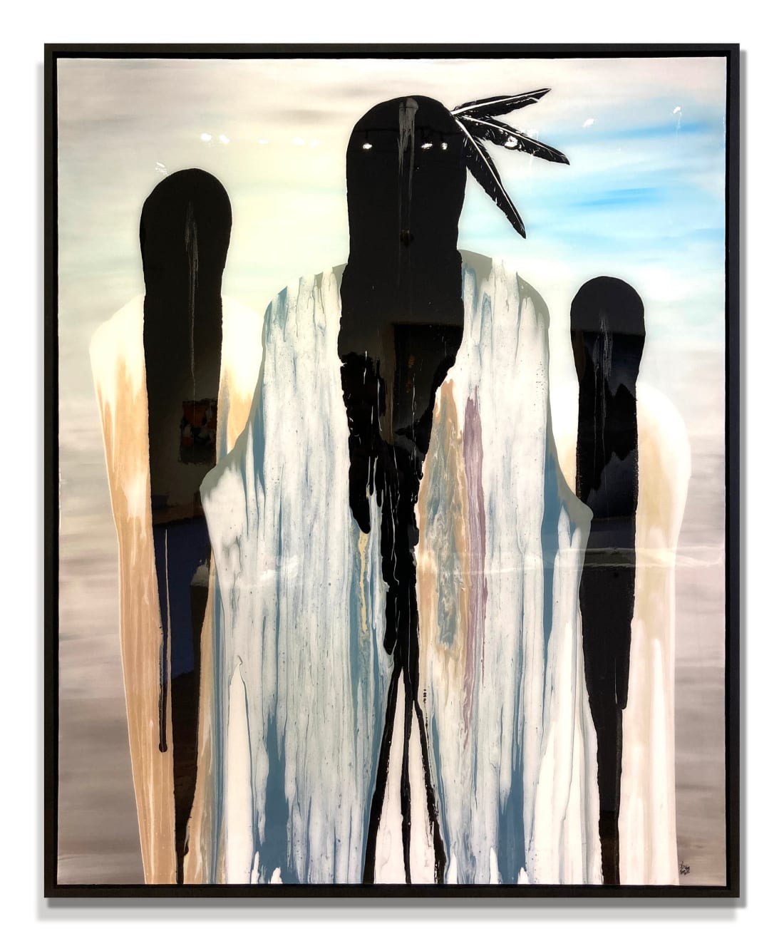 an abstract view of native americans walking off in the distance made with acrylic, resin, and feathers on canvas by slate gray gallery artist Fran J Nagy