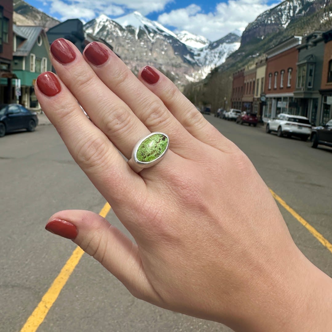 Large Oval Gaspeite Stone Ring by Fringe Gallery studio jeweler Marki Knopp