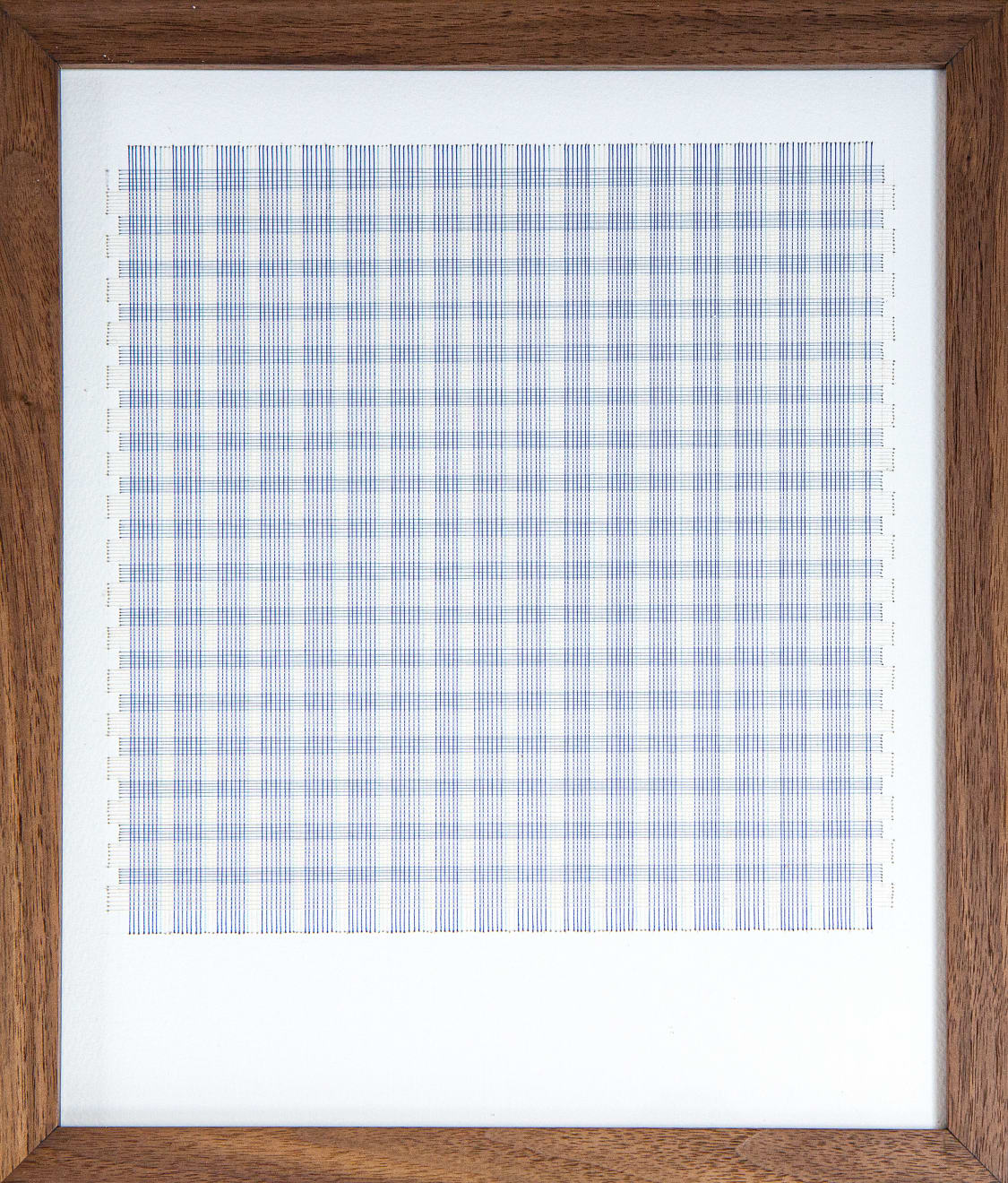 Framed blue thread on paper work by Fringe Gallery artist Rebecca Messier
