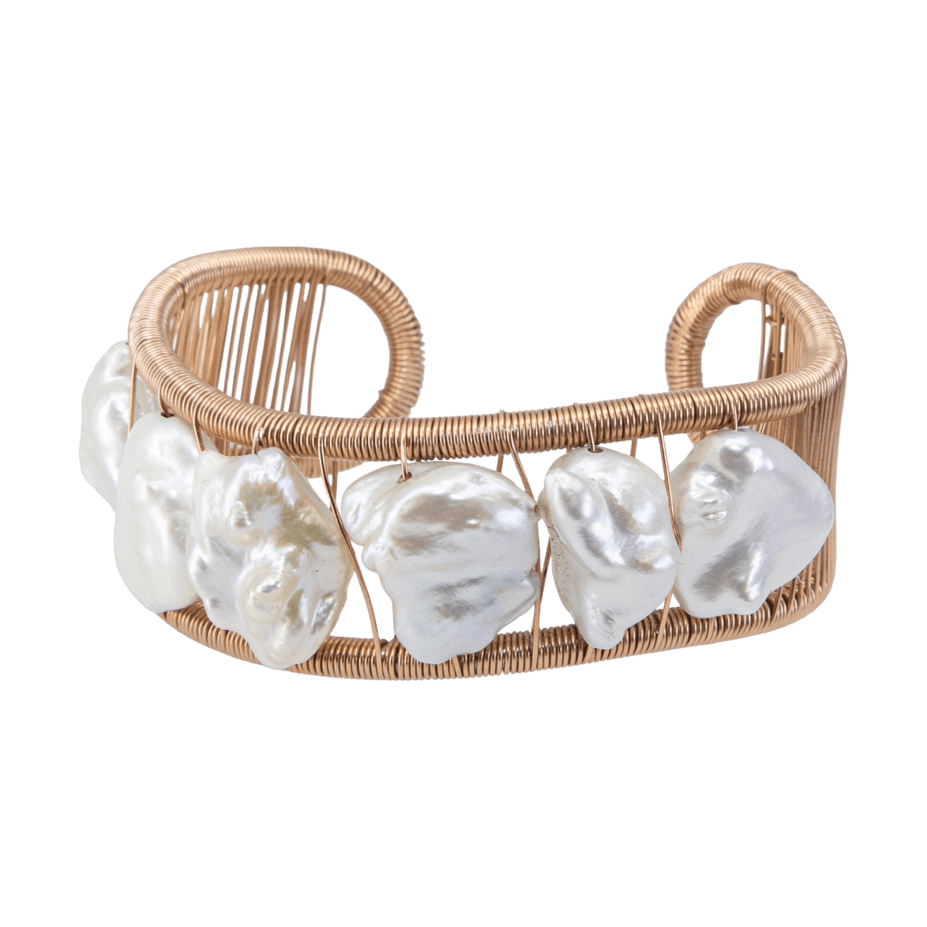 Pink gold wave cuff with baroque pearls by Fringe Gallery studio jeweler Tana Acton