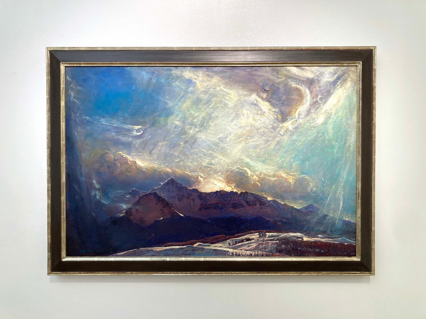 Oil painting by slate gray gallery artist Gordon brown of mountians with an abstract background