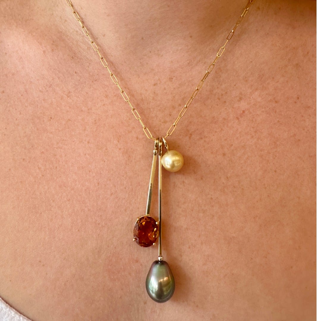 Long Golden South Sea Pearl Charm by Fringe Gallery studio jeweler Lauren Chisholm