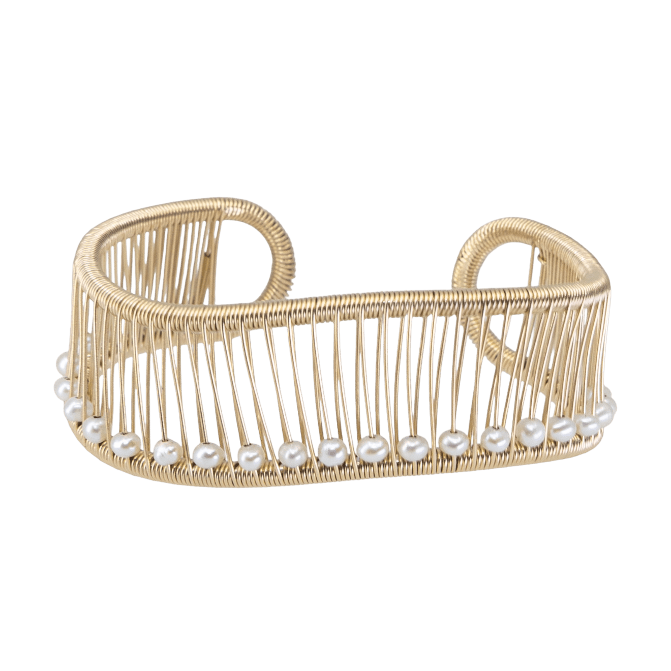 Gold wave cuff with white pearls by Fringe Gallery studio jeweler Tana Acton
