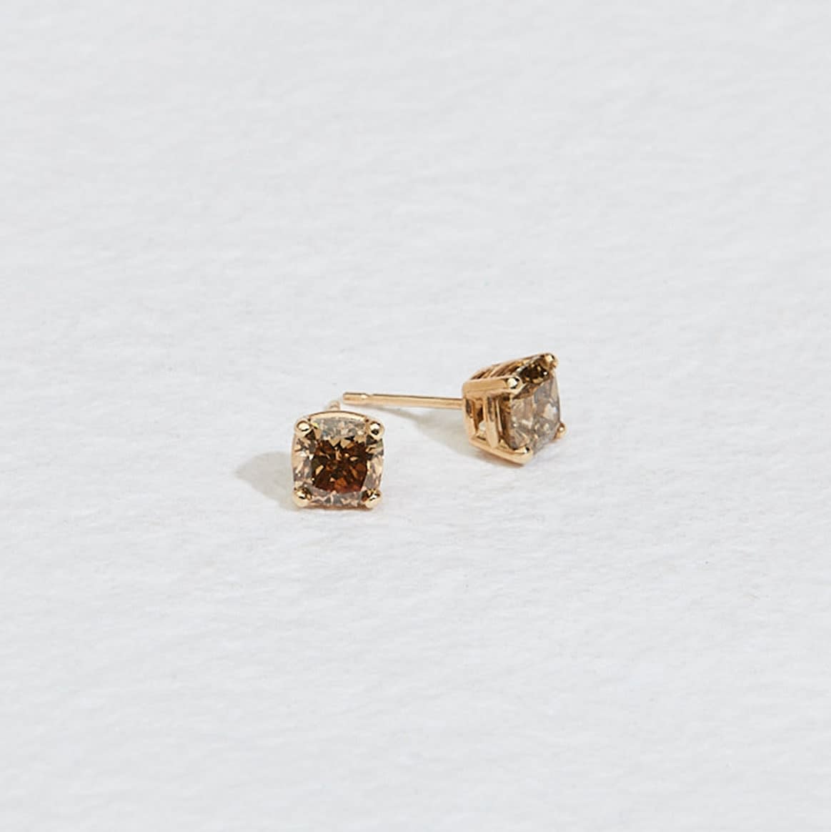 14k yellow gold, cushion cut champagne diamond studs by Fringe Gallery studio jeweler Jane Pope