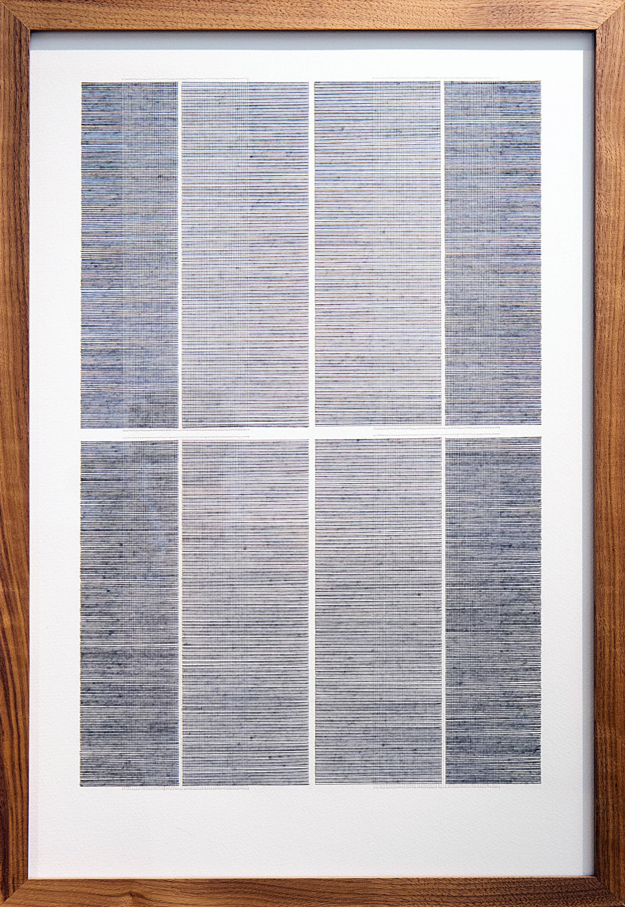 Framed blue thread on paper work by Fringe Gallery artist Rebecca Messier