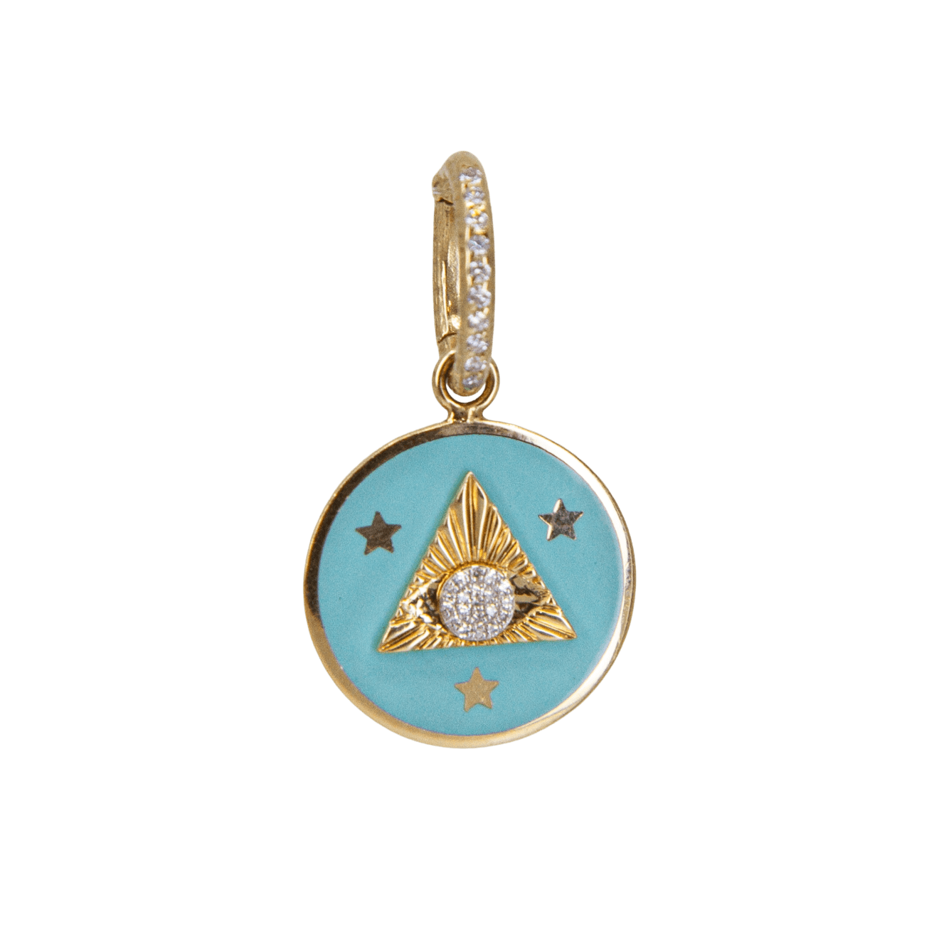 14k yellow gold triangular eye pendant with turquoise enamel and diamonds by Fringe Gallery jeweler Loree Rodkin
