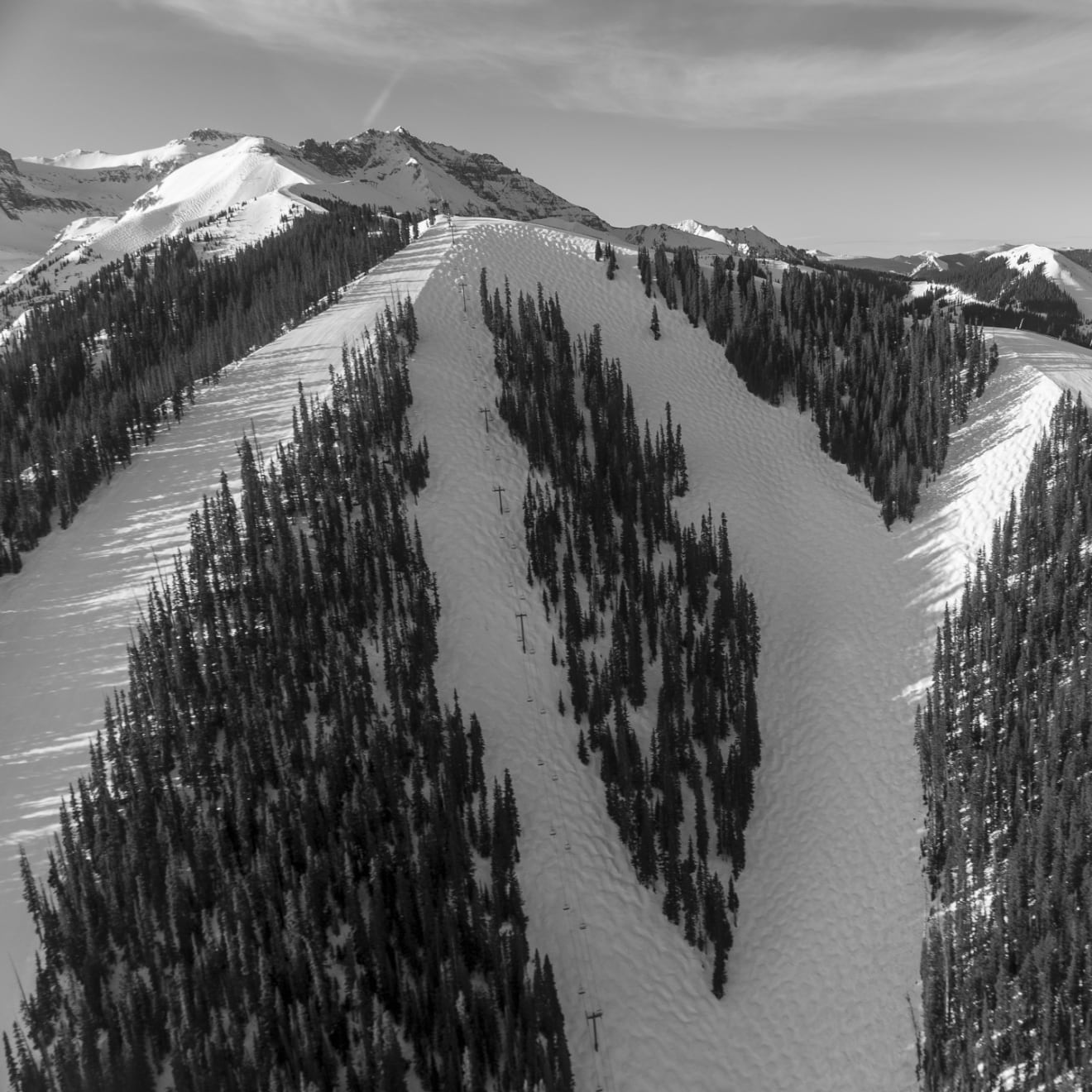 Black and white photo of the Kant Mak M ski run on the Telluride ski resort by Slate Gray Gallery photographer Brett Schrekengost